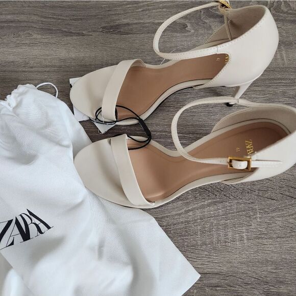 NEW WOMEN'S ZARA SANDALS IVORY COLOR SIZE HEELED ANKLE BRACELET SIZE 10 EU 41 - Picture 1 of 5
